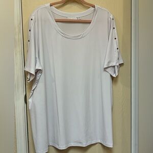 New Susan Graver White Short Sleeve Top with Button Detail